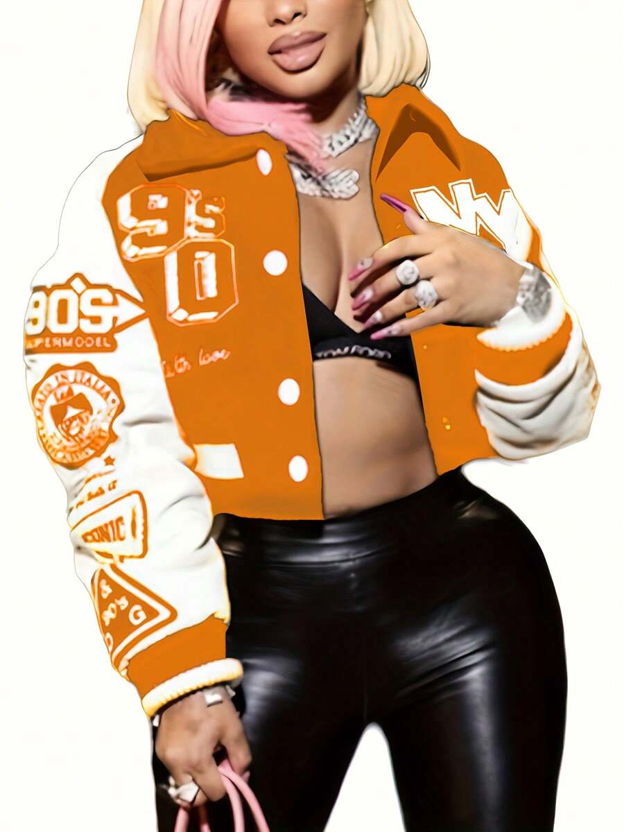 CharmGlow Chaqueta bomber con estampado NY de para mujer, estilo corto sexy y solapa con bloques de color. - Naranja - Ver 1