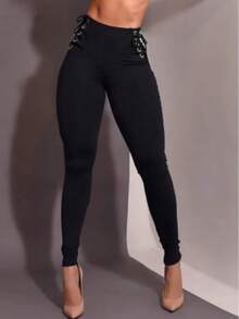 Leggins Con Cordones Superiores - Negro - Ver 1