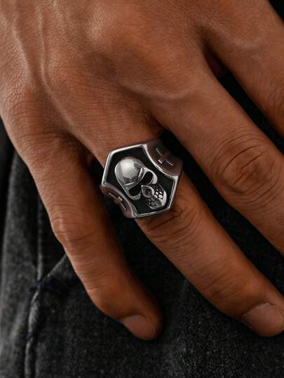 1 Stück dunkler Edelstahl Totenkopf und Kreuz Ring, Herren Alltagszubehör und ideal für Halloween
