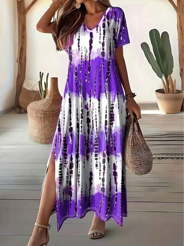 Sukienka damska w dużym rozmiarze, swobodna, z dekoltem w serek i krótkim rękawem, z nadrukiem tie-dye