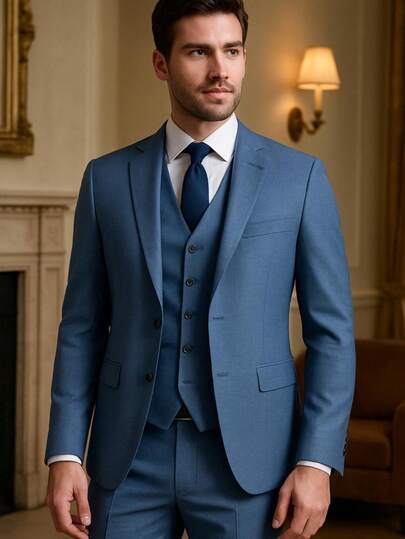 Fressato Terno Masculino Executivo Completo 3 peças (calça + blazer+colete) - Azul  Jeans- Slim De Luxo  - Envio Imediato.