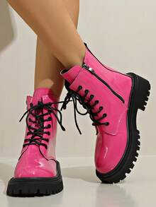 Giày bốt nữ đế bằng cổ thấp mới, bốt da đen đế dày kiểu dáng mô tô, bốt cổ thấp buộc dây mũi tròn thời trang, thích hợp cho mùa thu/đông. - Màu Hồng Tươi - Xem 2