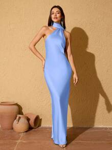 Light Blue Sleeveless Halter Long Satin Bridesmaid Dress