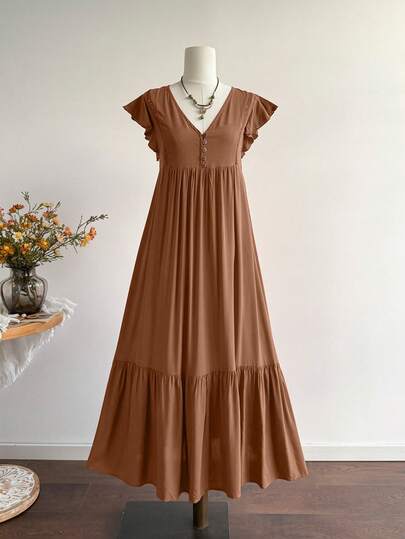 Rusttydustty 女士复古V领棕色长款连衣裙，适合度假、波西米亚风、复活节海滩装扮、夏威夷音乐节和热带度假。