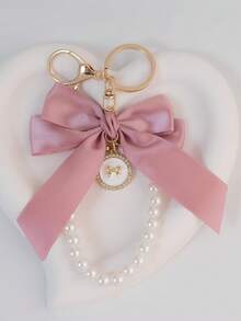 1pc Elegant Pink Bow And Faux Pearl Bead Keychain Wristband - Designed Specifically For Women, Suitable For Keys, Wallets, Phones, And Bag Pendants - Fashionable Women's Accessories Christmas Gift Bag Charms Car Accessories Teacher Friend Sister Gift Ideas - Pink - View 3