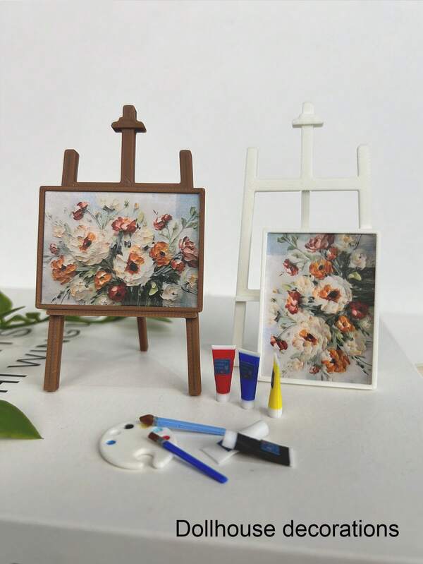 10pcs/Set Dollhouse Painting Easel Model, Miniature Realistic Palette, Pretend Play Art Supplies, Decorative Ornaments, Home Office Desk Accessories, Paint Model, Brush Model, Mini Canvas, Miniature Paint Set