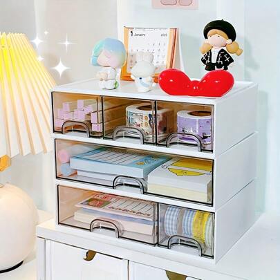 1PC White Stackable Drawer Organizer - Large Capacity & Smoothly Slide Drawer Stationery Box For Dorm Desktop , Choose 1/2/3 Drawers | Space-Saving Storage Container For Makeup Brushes , Pens , Crafts - Modular Design Fits Any Shelf Or Desk