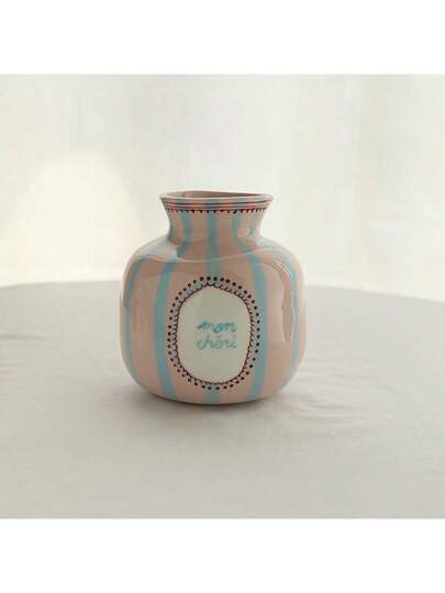 1pc painted Asymmetrical Ceramic Flower Vase, Roze Groen Heart Pattern Home Accessory Room Glass Vase view 7