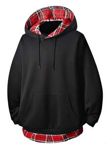 Felpa con cappuccio nera oversize, casual a quadri 2 in 1, adatta per primavera e autunno