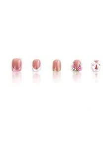 Instantly Upgrade Your Look With 24pcs Short Square White French Style Sweet 3D Pink Floral Petal&3D Bow-Knot Laser Glitter Nail Charms Homemade Full Cover Press On Nail Kit Suitable Daily Spring Will Give Your Look A - 粉色 - 查看 5
