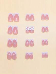 24pcs Short Square French Press-On Nails Set With White French Tip & Bow Design, Glossy Finish, Comes With 1pc Jelly Gel And 1pc Buffer, Suitable For Women Party, Wedding, Casual And Holiday Wear, Reusable - Hồng - Xem 3