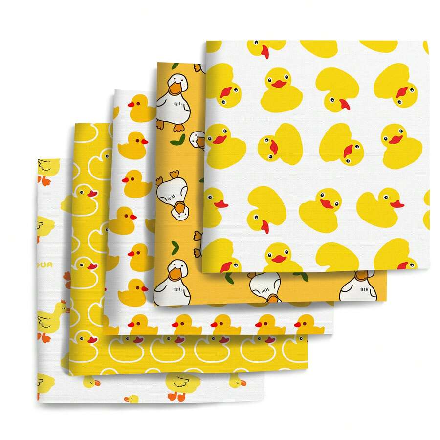 Bộ vải chủ đề Vịt Vàng - 5 miếng, nhiều màu, hình vuông chần bông Polyester cắt sẵn dùng cho đồ thủ công DIY, gói quà, may vá, chần bông, may vá thủ công, khâu tay, khâu vải búp bê DIY, thích hợp cho những người yêu thích đồ thủ công - Nhiều màu - Xem 1
