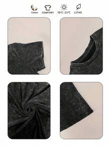 梵高星空艺术设计字母印花复古水洗加大码女式T恤，休闲宽松上衣，夏秋服装，加大码秋冬服装 黑色 - 黑色 - 查看 7