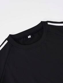 Shwiy Men's Fashionable Casual Sports Italian Text & National Flag Print Long Sleeve T-Shirt With Black Stripes, Suitable For School, Daily Wear, Streetwear - Black - View 3