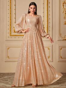 UNITHORSE Women's Deep V-Neck Long Sleeve Sequin Mermaid Hem Evening Party Dress - Champagne - View 3