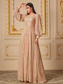 UNITHORSE Women's Deep V-Neck Long Sleeve Sequin Mermaid Hem Evening Party Dress - Champagne - View 5