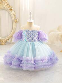 Young Girl Lavender Sequin Mesh Puff Sleeve Elegant Mermaid Party Princess Dress, Suitable For Girls Birthday, Party, Banquet, Formal Occasion, Holiday Celebration, Flower Girl, Wedding Gown - Màu tím hoa cà - Xem 2
