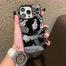 Black Tone Guitar Girl Pattern Phone Case, Personalized Compatible With IPhone 16 Pro Max, 15/14 Plus, 13, 12, 11 Protective Cover - Black Frame, Sand Grey - View 5