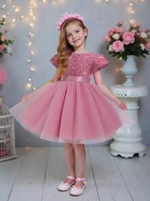 Young Girls Sparkle Mesh Puff Princess Dress, Flower Girls Wedding Party Elegant Dress, Does Not Include Headpiece