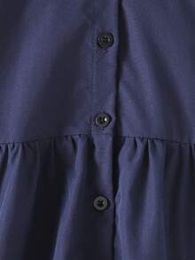 年轻女孩休闲纯色翻领长袖前开中长款校服连衣裙，女孩优雅海军蓝校服，适合日常、休闲、度假、返校和校园穿着 - 藏蓝色 - 查看 5