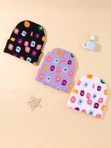 3pcs Knitted Hat With Floral Pattern For Boys And Girls; Suitable For Daily Casual Wear In Spring, Autumn And Winter To Keep Warm. - Multicolor - View 4