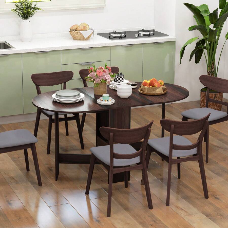 HOMCOM Folding Dining Table, Drop Leaf Table For Small Spaces, Oval Tabletop For Dining Room, Chocolate Wood Effect - Brown - View 1