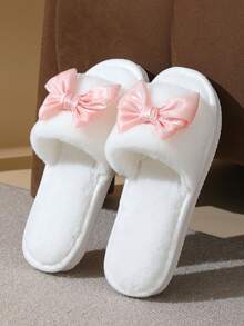女士蝴蝶结露趾拖鞋,舒适室内家居鞋,轻便防滑,适合春季、秋季及所有季节 - 白粉紅色 - 查看 3