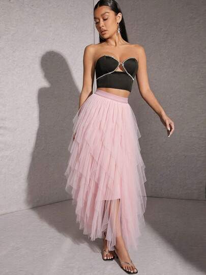 تنورة شبكية أسيمترية ذات لون واحد للنساء، تنورة شبكية قصيرة ذات خصر عالي على شكل حرف A