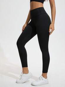 女式高腰收腹瑜伽裤，纯色健身紧身裤，82.5% 涤纶 17.5% 氨纶，全长，四季针织面料，松紧腰带，无腰带，适合跑步、健身和瑜伽