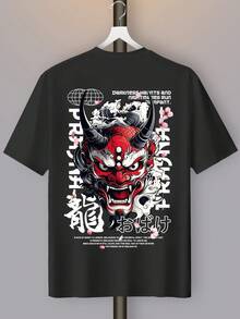 [Sporty T-Shirt][Demon Mask Tee] Men'S Graphic T-Shirt - Red Demon Mask & Japanese Calligraphy Print, Street Style Crew Neck, Medium Stretch Fabric, Short Sleeve Casual Tee For Summer, Casual Wear Tee |   Bold Print Tshirt |   Nonstretch MaterialRelaxed Plus Size T-Shirt - 黑色 - 查看 3