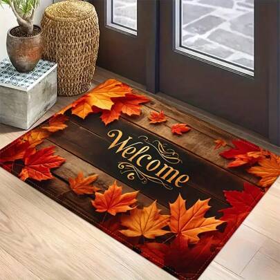 1pc Modern Wood Grain Doormat With Maple Leaf Design, Non-Slip Crystal Velvet Entrance Mat, Dirt-Resistant Outdoor Rug
