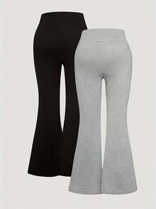 2pcs Girls High Waist Flare Leg Pants, Black And Gray Elastic Comfortable Casual Slim Fit Trousers For Girls Daily Outdoor, 2-Pack - Multicolor - View 2