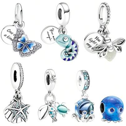 1Pc Colgante de camaleón, luciérnaga luminosa, estrella de mar y concha, colgante de vida marina, joyería de cuentas de dijes, adecuada para pulsera Pan de plata esterlina original, pulsera Pan 925, collar, llavero, regalo de joyería para mujer DIY