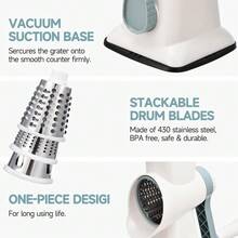3-In-1 Rotary Food Processor - Manual Cheese Grater & Vegetable Slicer Set With Interchangeable Blades, Professional Grade For Kitchen/Restaurant, Effortless Shredding For Hard Cheese, Nuts, Chocolate Blocks - WhiteBlue - View 6