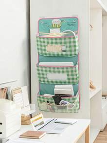 1pc Pink/Green Cartoon Pattern Fabric Two-Layer/Three-Layer Wall Mounted Large Capacity Storage Bag, With Pockets And A Storage Basket With Adhesive Hooks, Flexible And Convenient Wall Mounted Storage Bag,Bedroom Room Decor,Back To School - Multicolor - View 1
