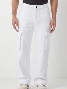 Men Jeans-Manfinity Homme White Men's Casual Fashion Straight Pants, Street Style Comfortable Relaxed Fitted Jeans Pants With 6 Pockets ,White,Suitable Gift For Husband/Boyfriendn - 白色 - 查看 1
