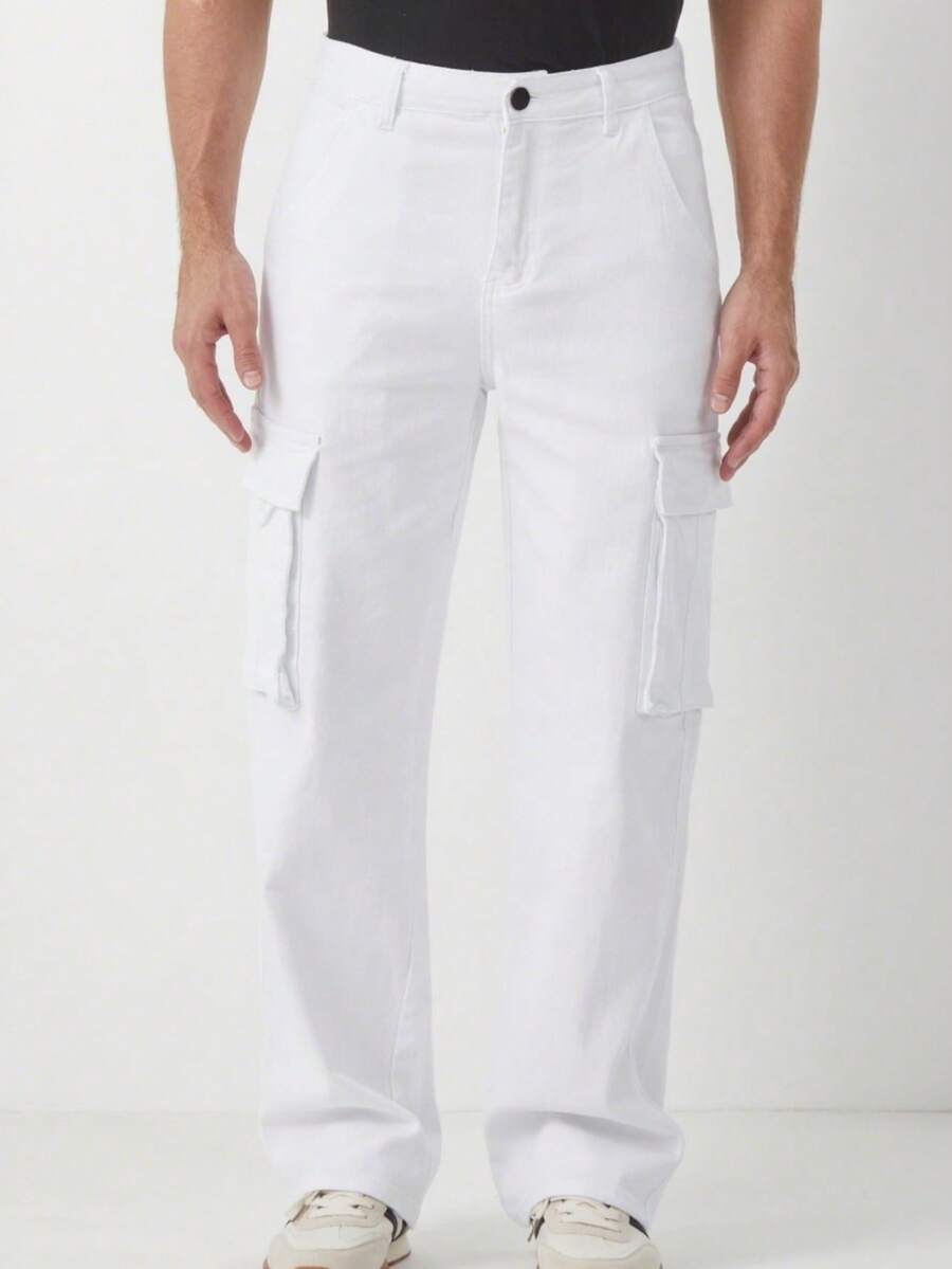 Men Jeans-Manfinity Homme White Men's Casual Fashion Straight Pants, Street Style Comfortable Relaxed Fitted Jeans Pants With 6 Pockets ,White,Suitable Gift For Husband/Boyfriendn - 白色 - 查看 1