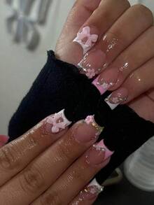 Instantly Upgrade Your Look With 24pcs Short Square White French Style Sweet 3D Pink Floral Petal&3D Bow-Knot Laser Glitter Nail Charms Homemade Full Cover Press On Nail Kit Suitable Daily Spring Will Give Your Look A - 粉色 - 查看 2