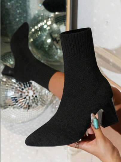 Women's Classic Black Pointed Toe Thick High Heel Ankle Boots, Fashionable, Versatile, Elegant, Ladder Design, Non-Slip Sole, Suitable For Halloween, Wedding, Holiday Season, Autumn/Winter