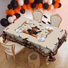 1pc Halloween Tablecloth, Pumpkin, Scarecrow, Ghost, Bat, Vintage Style, Round And Rectangular Tablecloth, Suitable For Halloween Decoration, Autumn Decoration, Farmhouse Decor, For Indoor And Outdoor Daily Gatherings, Lunch And Dinner Use