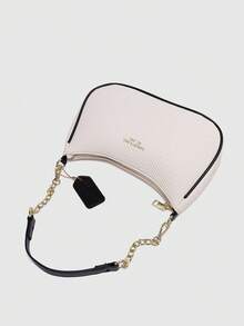 Túi đeo vai/túi xách tay hình lưỡi liềm bằng da PU màu trơn, thiết kế chữ cái độc đáo, kiểu dáng thời trang mới năm 2025, phù hợp cho mua sắm hoặc đeo chéo. - Đen và trắng - Xem 5