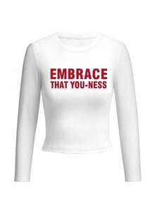 圆领长袖T恤American Hottie春秋新款字母印花女短款修身紧身衣 - 白色 - 查看 2