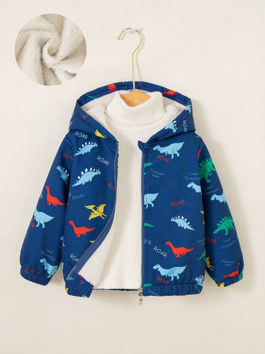男童休闲恐龙印花拉链连帽羊毛夹克，适合秋冬季外出