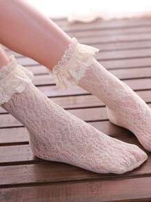 CLAGAINER 4双/1双洛丽塔蕾丝女袜，中筒抓绒袜，短袜，春夏款 - 黃色 - 查看 5