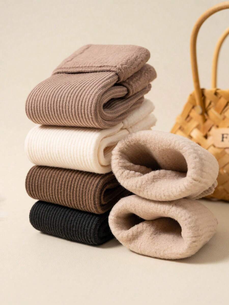 5双装女士加厚中筒保暖雪袜，直筒图案，冬季保暖舒适 - 彩色 - 查看 1