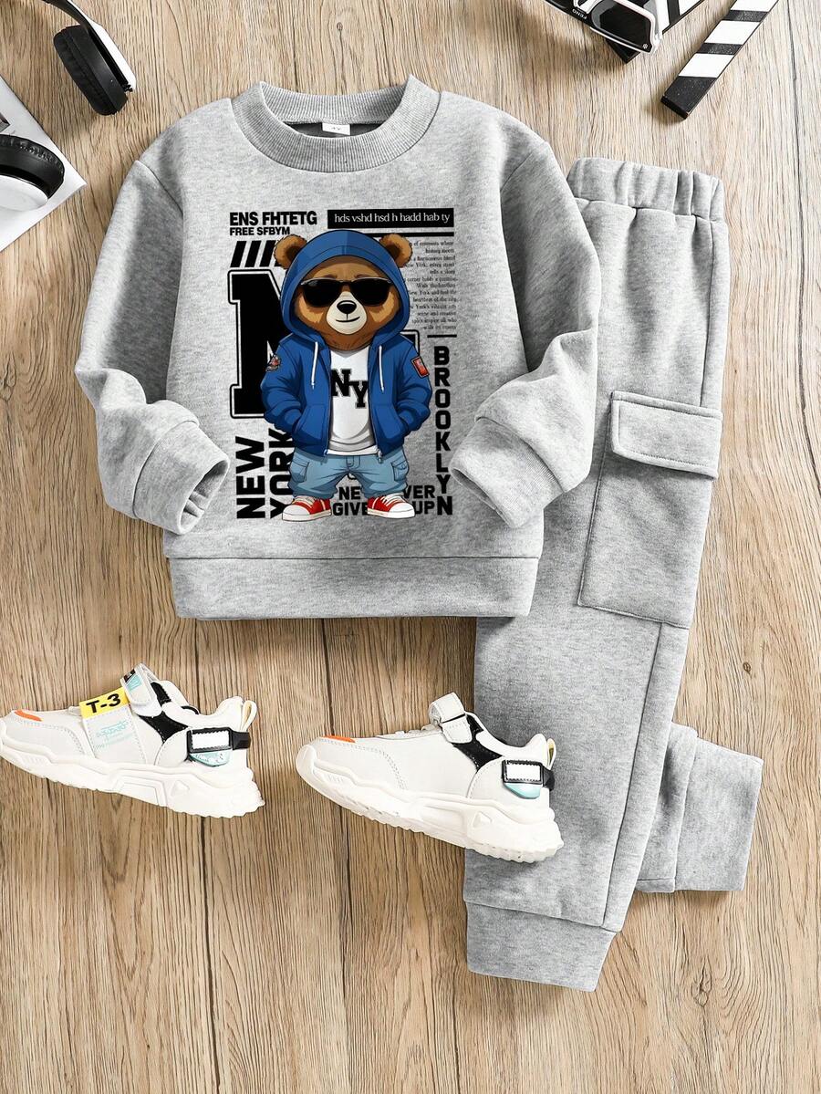 Toddler Bear Print Warm Crew Neck Sweatshirt And Pants Set - Grey - View 1