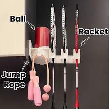 1pc Wall-Mounted Sports Equipment Display Rack, Sectioned Easy-To-Grab Holder, Drill-Free Racket Storage For Badminton, Tennis, Suitable For Home, Gym, Classroom, Sports Venue Organization, Multi-Function, Versatile, Space-Saving, Fashionable High Conversion Keywords, Holiday Season, Christmas, Thanksgiving, Stylish, Modern, Practical, Minimalist, Convenient, Must-Have For Athletes, Secure Storage Solution, Easy To Install, Functional, Gift For Sports Lovers.