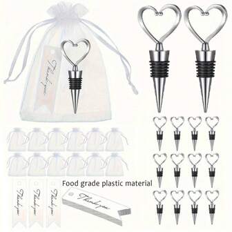 12pcs/24pcs/36pcs Wedding Birthday Bridal Shower Party Favors For Guest, Plastics Heart Shape Wine Stoppers With Organza Bags And Thank You Tags, Wedding Gift Valentine's Day Decorations