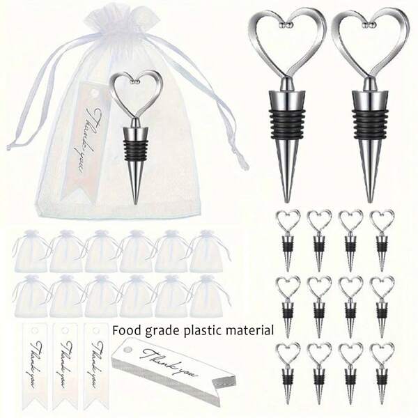 12pcs/24pcs/36pcs Wedding Birthday Bridal Shower Party Favors For Guest, Plastics Heart Shape Wine Stoppers With Organza Bags And Thank You Tags, Wedding Gift Valentine's Day Decorations