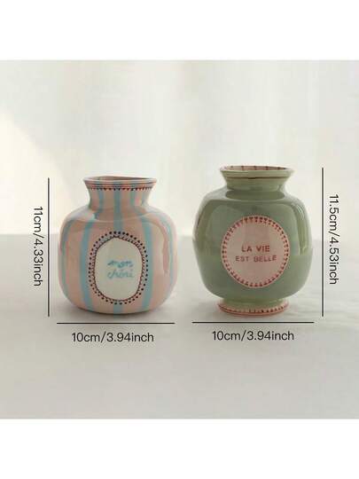 1pc painted Asymmetrical Ceramic Flower Vase, Roze Groen Heart Pattern Home Accessory Room Glass Vase view 8